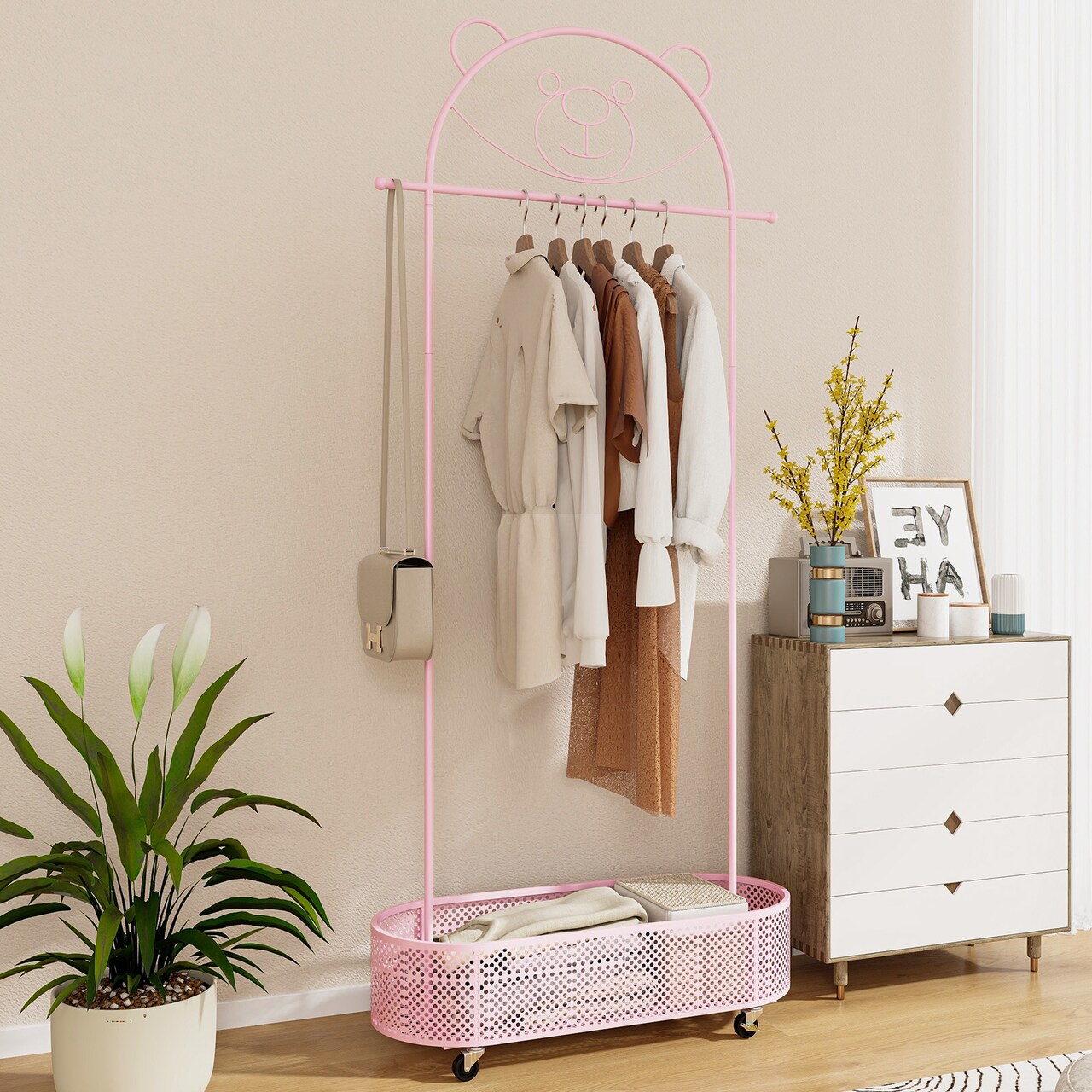Kid Clothes Rack with 3 Adjustable Heights and Wheels - 32"L x 13.5"W x 72"H